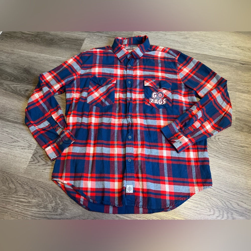 2019 Mariner's Gonzaga Plaid Flannel Shirt Men's Sz. Large GO ZAGS Red Blue Gray